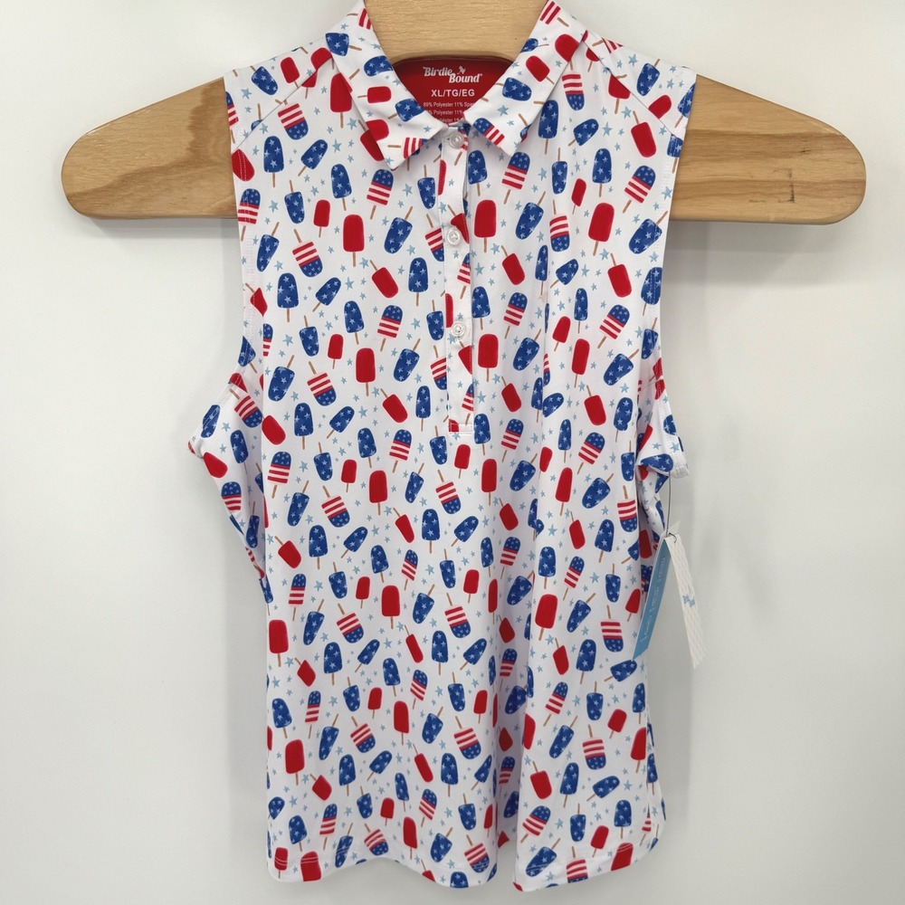 Birdie Bound Polo Top Women XL White Popsicle Print Sleeveless Golf UPF 50+